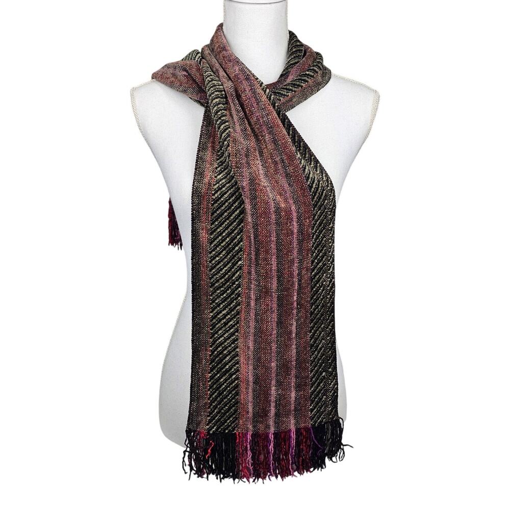 THE DUNLAP WEAVERS VINTAGE 80's WOVEN RAYON SCARF – BURGUNDY/BLACK/GRAY STRIPE